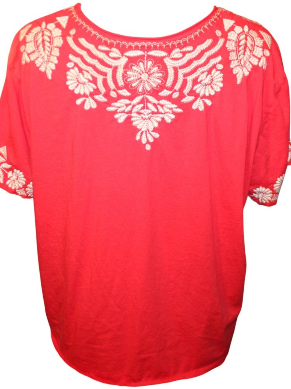 JOHNNY WAS Embroidered Rita Knot Tie Front Top Size XL Red Coral Boho Designer - Picture 8 of 13